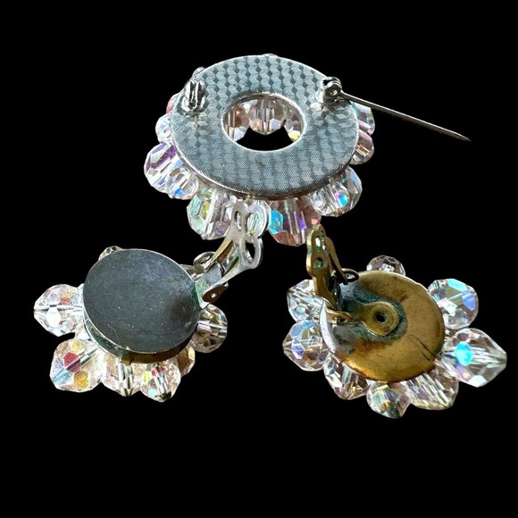 VTG Beaded Aurora Borealis Brooch clip-on Earrings Iridescent Crystal Round Dome - Picture 5 of 7